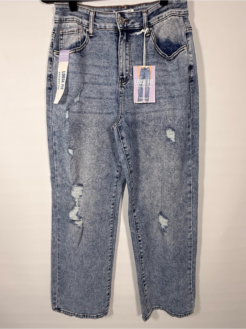 NWT Wax Jean Loose Fit Distressed Jeans Gray Acid Wash High Rise Straight Leg S7